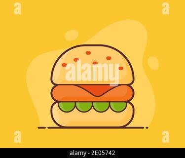 cheese burger american fast food meat grill lettuce with flat full color outline style vector design illustration Stock Photo