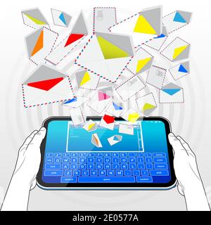 A Tablet Computer sending and receiving electronic email. Illustrated is a stream of emails randomly streaming from the screen. Stock Vector