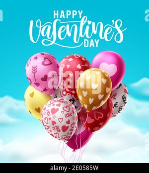 Happy valentines day heart balloons vector design. Heart shape colorful bunch of balloons for valentines day celebrations flying in blue sky Stock Vector