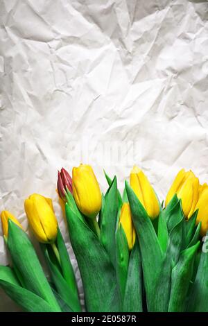 A bouquet of yellow tulips and one red on crumpled craft white paper, a holiday gift, a place for text. High quality photo Stock Photo
