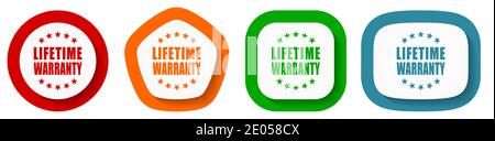 Lifetime warranty vector icon set, flat design buttons on white background Stock Vector