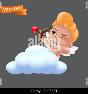 Shooting and aiming with a bow and arrow little cupid character. Vector illustration of a baby cherub mascot in a diaper sticking out of the cloud iso Stock Vector