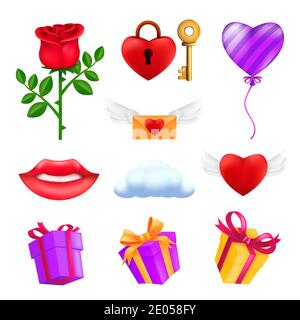 Saint Valentine's day icons set - red rose flower, flying heart, pink balloon, gift box, envelope, padlock with a key, smiling lips, cloud. Vector col Stock Vector