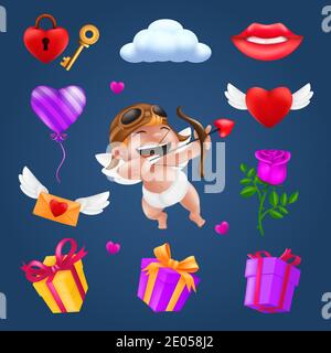 Saint Valentine's day icons set - little angel or cupid, flying heart with wings, red rose flower, pink balloon, gift box, letter, padlock, key, smili Stock Vector