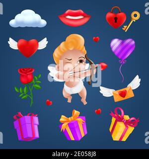 Saint Valentine's day icons set - little angel or cupid, flying heart with wings, red rose flower, pink balloon, gift box, letter, padlock, key, smili Stock Vector