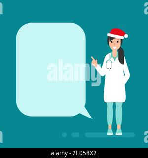 Man doctor with speech bubble and Christmas hat on blue background. Winter precautions list. Check yourself. Holidays Medical internet consultation. H Stock Vector
