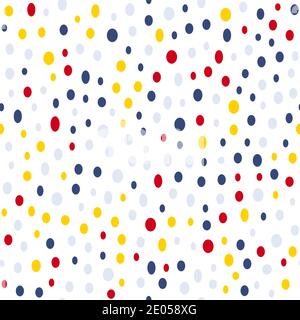 Simple irregular dot seamless pattern, grey, yellow, red, blue dots on white. Design for fabric, wallpaper, gift wrap web backgrounds scrap booking patchwork. Vector illustration Stock Vector