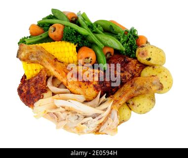 Roast piri piri chicken leg meal with vegetables isolated on a white background Stock Photo