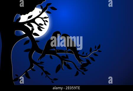Two Bird Silhouette standing on branch of tree with moon background, vector illustration Stock Vector