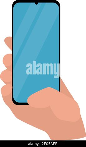 hand holding smartphone. blue screen, vector illustration, flat style. Stock Vector