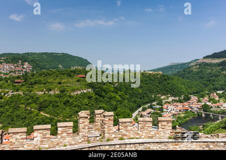 View of town at hillside, from Tsarevets Fortress, historical capital, Veliko Tarnovo, Veliko Tarnovo Province, Bulgaria, Southeast Europe, Europe Stock Photo