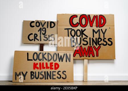 Protestive placard against coronavirus lockdowns close up Stock Photo