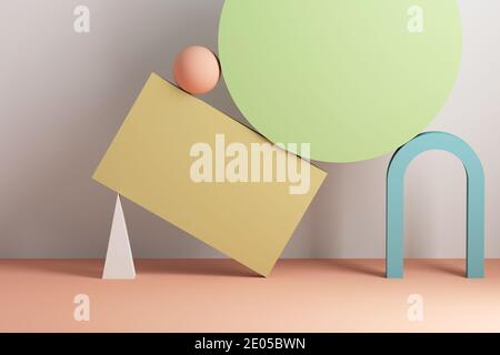 Abstract still life installation with arch and colorful balancing primitives. 3d rendering illustration Stock Photo