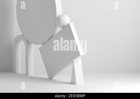 Abstract equilibrium still life installation with white arch and balancing primitives. 3d rendering illustration Stock Photo