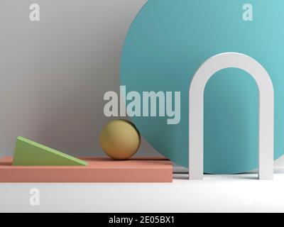 Abstract geometric still life installation with white arch and colorful primitives. 3d rendering illustration Stock Photo