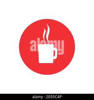 white hot cup with steam in red circle icon. Mug with tea or coffee icon flat. pictogram isolated on white background. Vector illustration. Morning ca Stock Vector