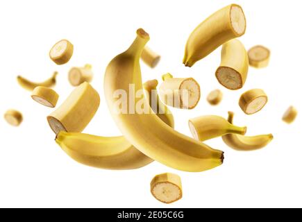 The levitated pieces of bananas on a white background Stock Photo