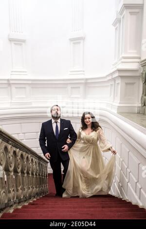 Photo session of Grand Duke George Mikhailovich of Russia, (Georgi Mikhailovich Romanov) heir to the throne of Russia poses with his companion Miss Rebecca Virginia Bettarini at the Spiridonov palace in Saint-Petersbourg , on December 01, 2020 in Russia. Miss Rebecca Virginia Bettarini converted to Orthodox religious, on July 12, 2020 at Saint Peter and Paul Cathedral in Saint Petersburg. Miss Rebecca Virginia Bettarini took the name Victoria Romanovna. Photo by Dimitri Revenko/DNphotography/ABACAPRESS.COM Stock Photo