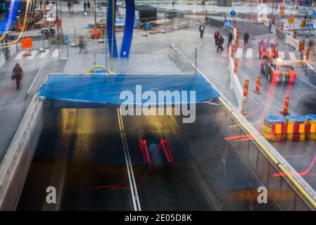 STOCKHOLM, SWEDEN. 11th October 2017.  Blurred long exposure photo. Traffic and road construction works on the street. Stock Photo