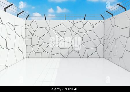 Prison and Jail Yard with Stone Walls extreme closeup. 3d Rendering Stock Photo