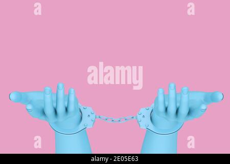 Crime and Law Concept. Blue Abstract Hands with Handcuffs in Duotone Style on a pink background. 3d Rendering Stock Photo