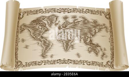World Map Drawing Old Woodcut Engraved Scroll Stock Vector