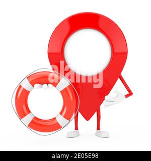 Map Pointer Pin Character Mascot with Life Buoy on a white background. 3d Rendering Stock Photo