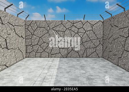 Prison and Jail Yard with Stone Walls extreme closeup. 3d Rendering Stock Photo