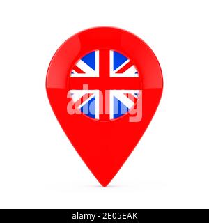 Map Pointer Pin with United Kingdom Flag on a white background. 3d Rendering Stock Photo