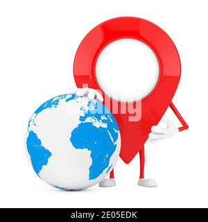 Map Pointer Pin Character Mascot with Earth Globe on a white background. 3d Rendering Stock Photo