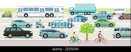 Road traffic with cars, buses and cyclists Stock Vector