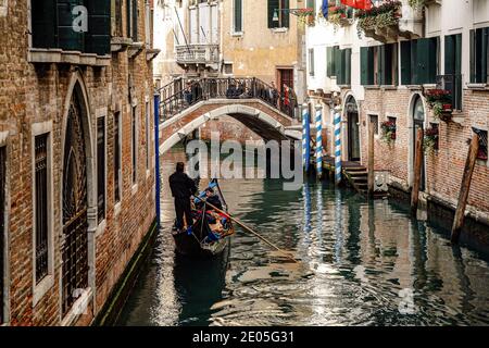 Italy Veneto Venice - Gondolas in Rio de la Fava and Ponte della Fava Stock Photo