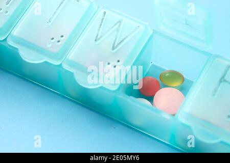 close up of pills and capsule in a pill box  Stock Photo