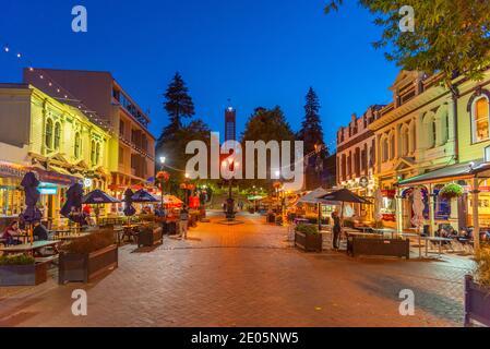 NELSON, NEW ZEALAND, FEBRUARY 4, 2020: Night view of Trafalgar street leading to Christ church cathedral in Nelson, New Zealand Stock Photo