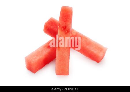 Studio shot of small pieces of water melon cut out against a white background - John Gollop Stock Photo