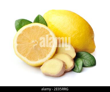 Lemons with ginger isolated on white backgrounds. Stock Photo