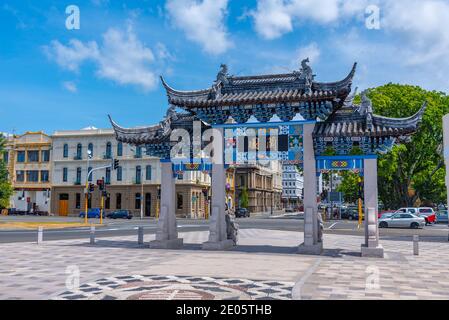 DUNEDIN, NEW ZEALAND, JANUARY 31, 2020: Chinese gate in front of Lan Yuan chinese gardens in Dunedin, New Zealand Stock Photo