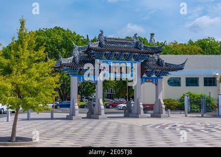 DUNEDIN, NEW ZEALAND, JANUARY 31, 2020: Chinese gate in front of Lan Yuan chinese gardens in Dunedin, New Zealand Stock Photo