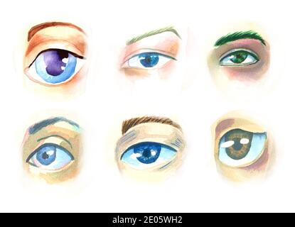 Human watercolor eyes of various colors in circles Stock Photo