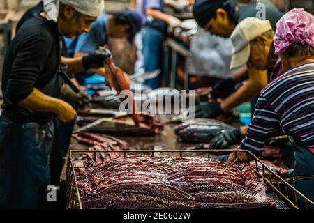 Five workers at the cutting bench of the Kanesa katsuobushi manufactory work simultaneously on several bonito halves, a man in a white shirt observing in the background, Nishiizu-Cho, Shizuoka Prefecture, Japan. Stock Photo