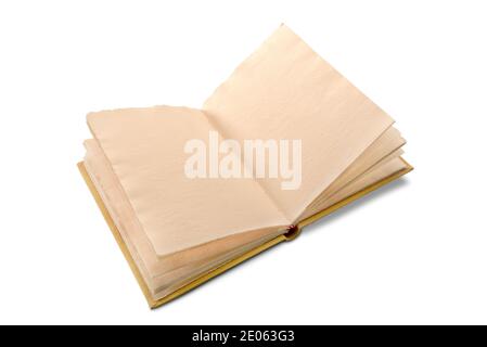 Open antique style book with pages of rough paper with jagged edges, antique leather hardcover notebook isolated on white background Stock Photo