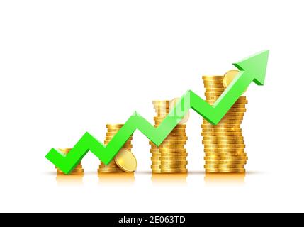Finance growth chart arrow with gold coins on a transparent background. Vector illustration Stock Vector
