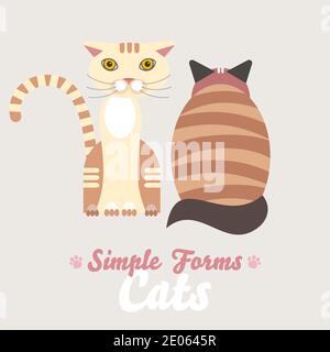Flat tabby cats sitting back and front view isolated vector. Cartoon illustration Stock Vector