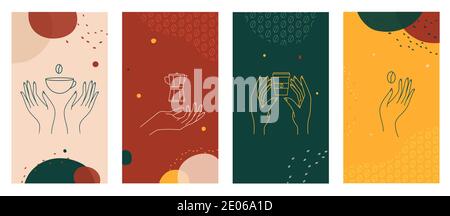 Hands with coffee cup, coffee pot and beans Logo templates set vector Stock Vector