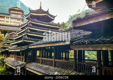 A close-up of the Zhuang Wind and Rain Bridge in Longsheng, Guangxi, China Stock Photo