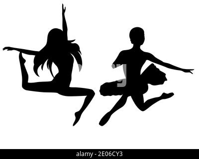 Abstract black stencil silhouettes of attractive slender ladies dancer in jump, hand drawing vector illustration Stock Vector