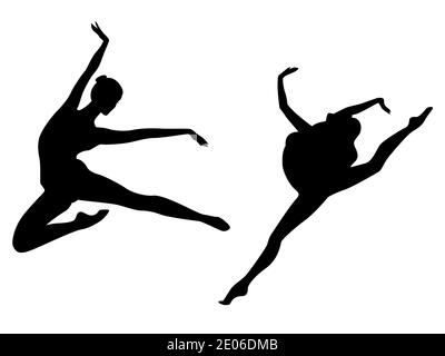 Abstract black stencil silhouettes of slender ladies dancer in jump, hand drawing vector illustration Stock Vector