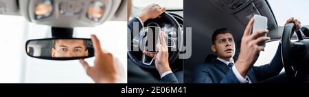 Collage of businessman using smartphone and adjusting rearview mirror in auto, banner Stock Photo