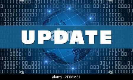 UPDATE - white lettering in front of earth globe with satellite grid on binary code background Stock Photo