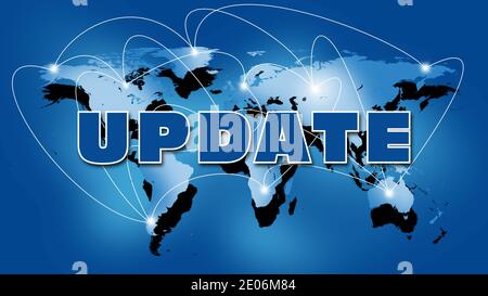 Abstract digital computer background - UPDATE lettering in front of world map background - Internet or Business Concept of Global Network Stock Photo